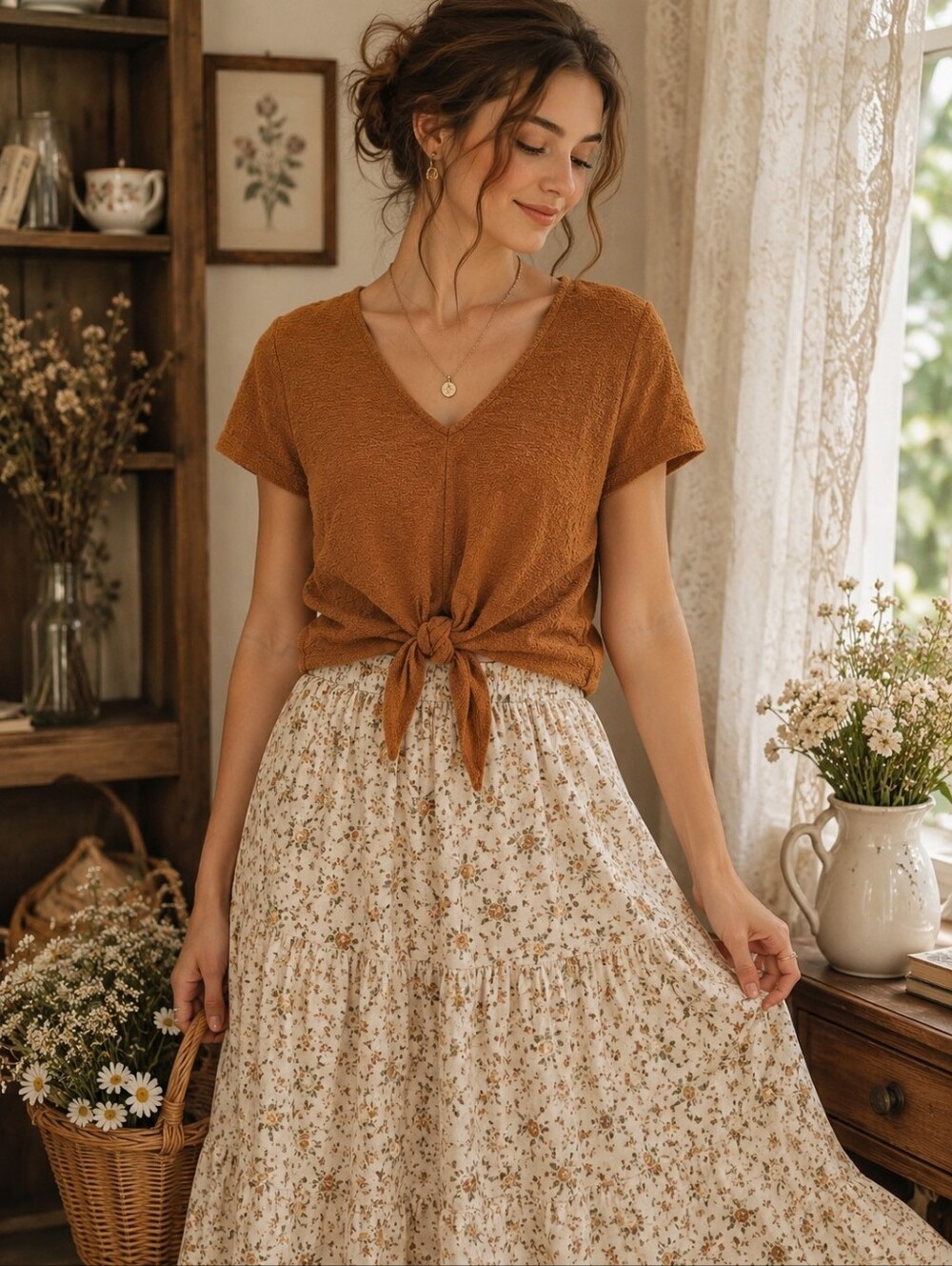 Texture & Thread Rust Boho‎ Front Tie Top Cottagecore V-Neck Textured Blouse S